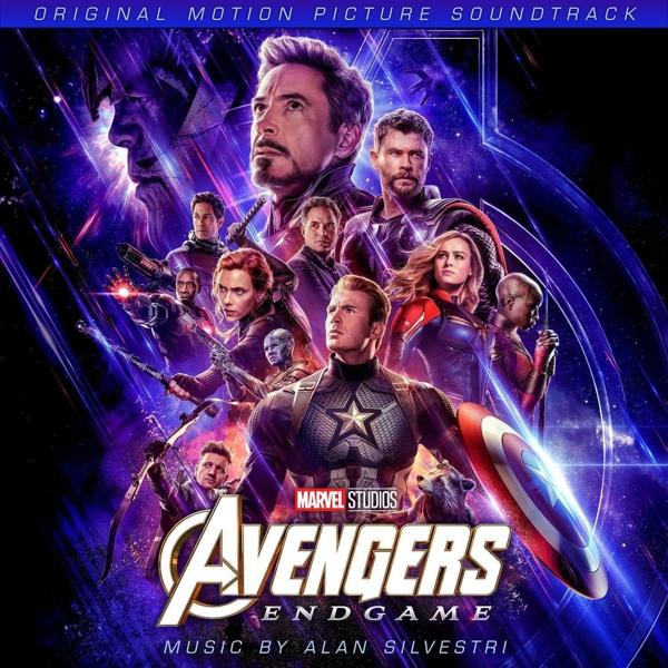 Avengers Endgame filmzene borító, háttérben lila tónusokkal és a hősökkel.
