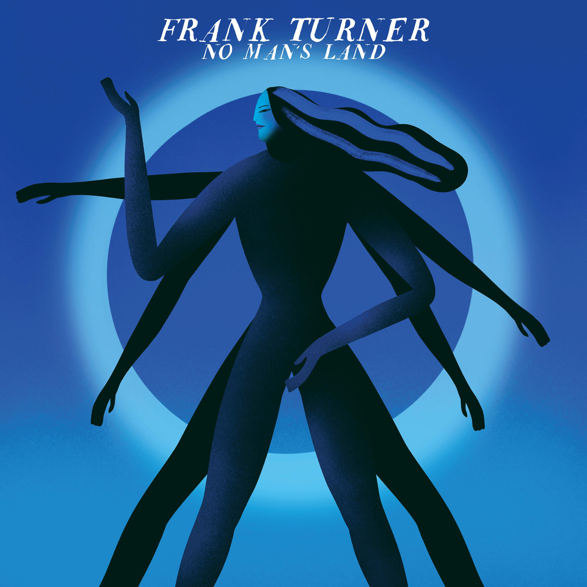 Frank Turner - No Man's Land album borítója. Egy kék női sziluett kinyújtott karokkal egy kék kör előtt.