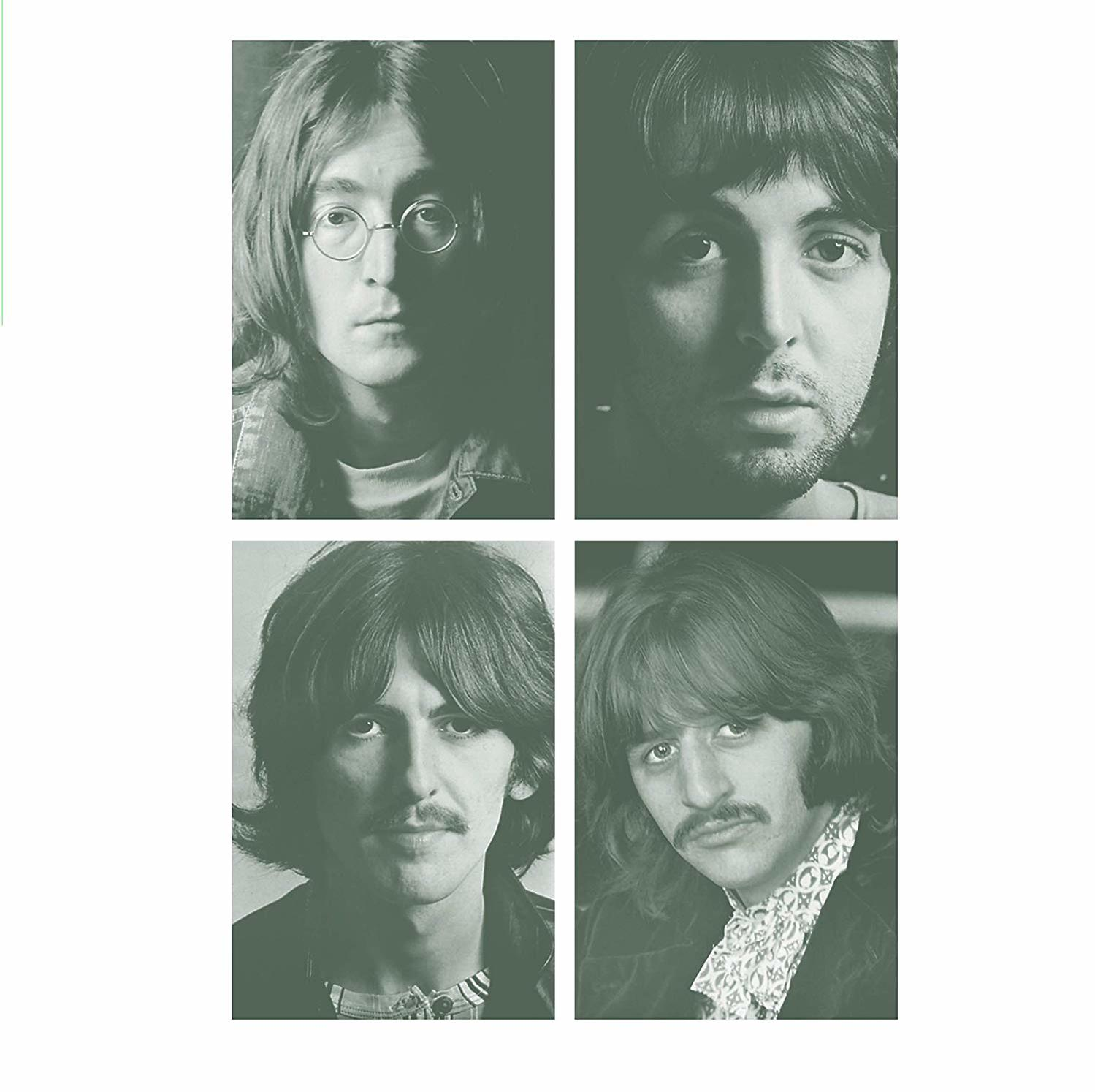 Vier portretten van The Beatles, elk gezicht in een apart kader, groene tint.