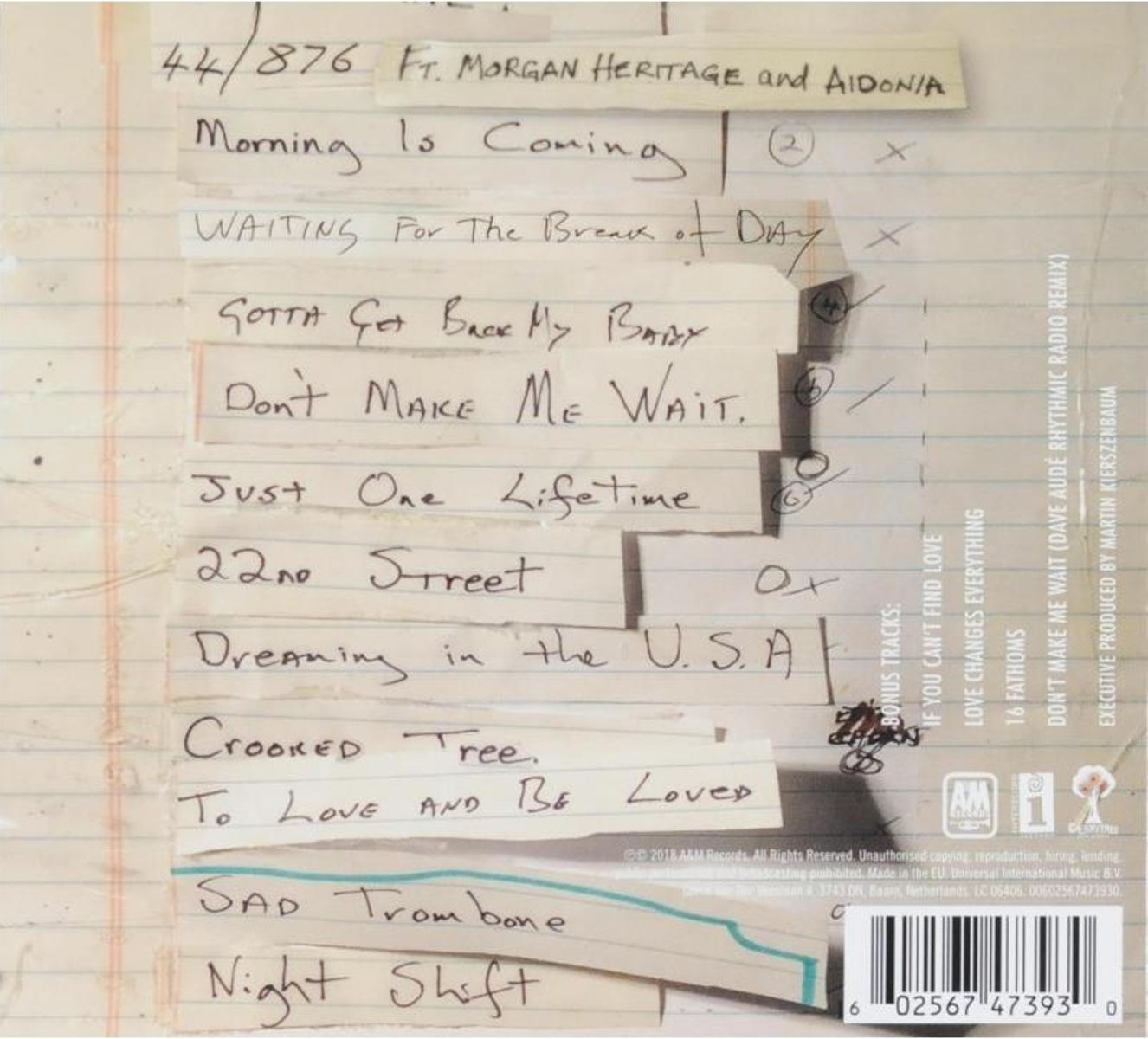 Rückseite eines Albums mit handgeschriebenen Songtiteln und Notizen auf liniertem Papierhintergrund.