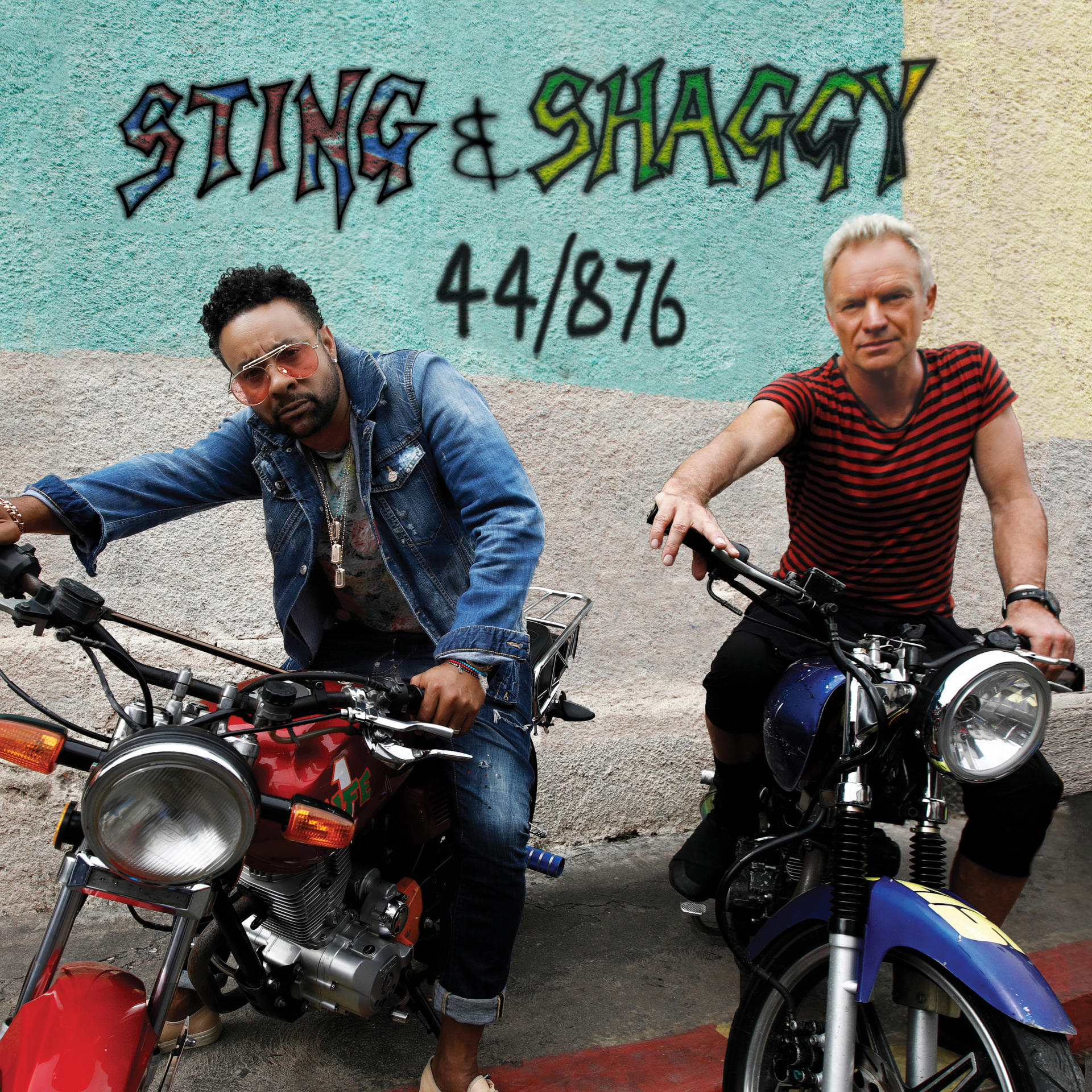 Albumcover: Sting und Shaggy auf Motorrädern. Graffiti-Hintergrund. Text: Sting & Shaggy, 44/876.