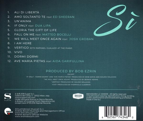 Rückseite einer CD-Hülle mit Titelliste, Künstlername und Albumtitel. Enthält ein türkisfarbenes „Si“.