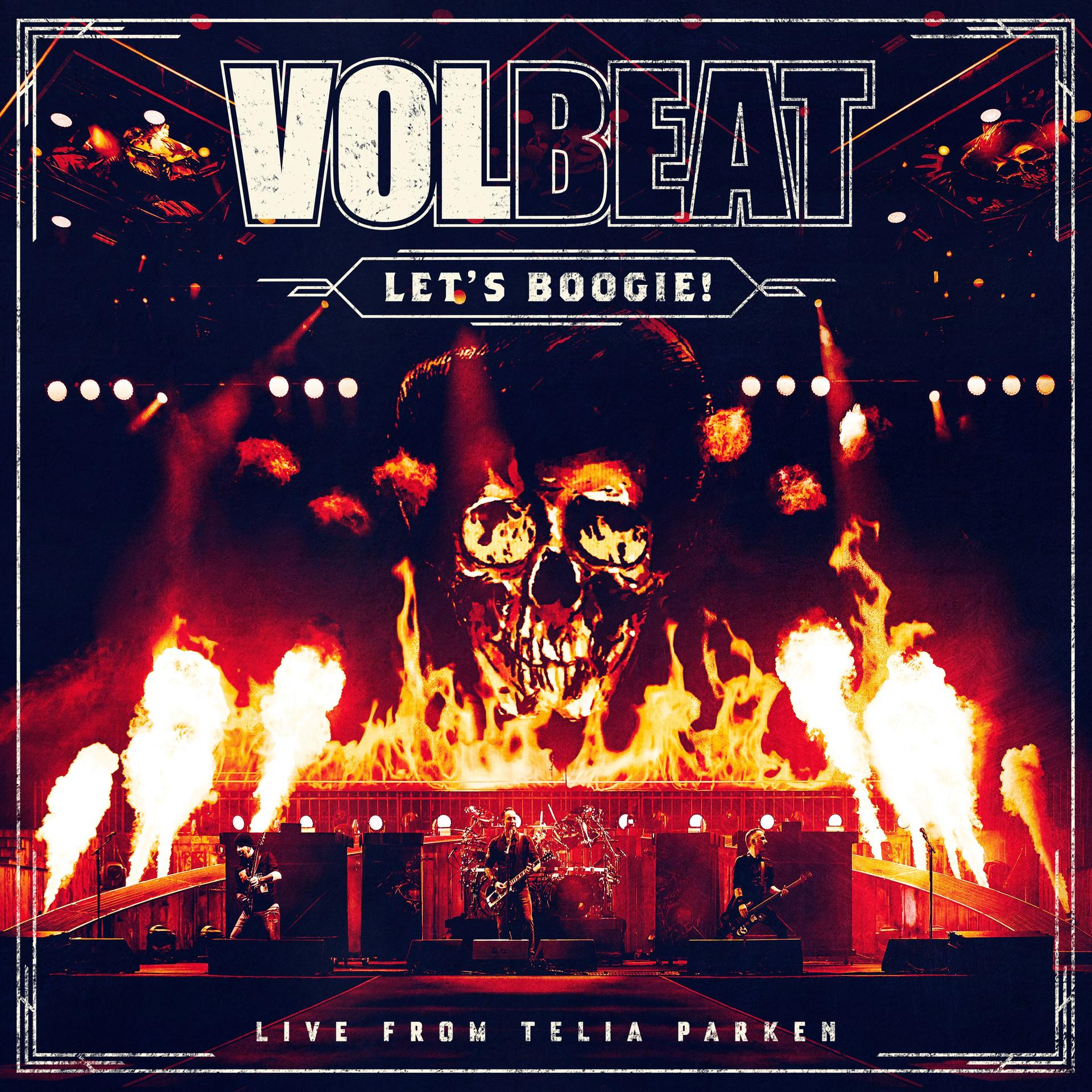 Volbeat-Albumcover-Kunst mit einem Schädel in Flammen. Der Bandname steht oben, der Konzerttitel unten.
