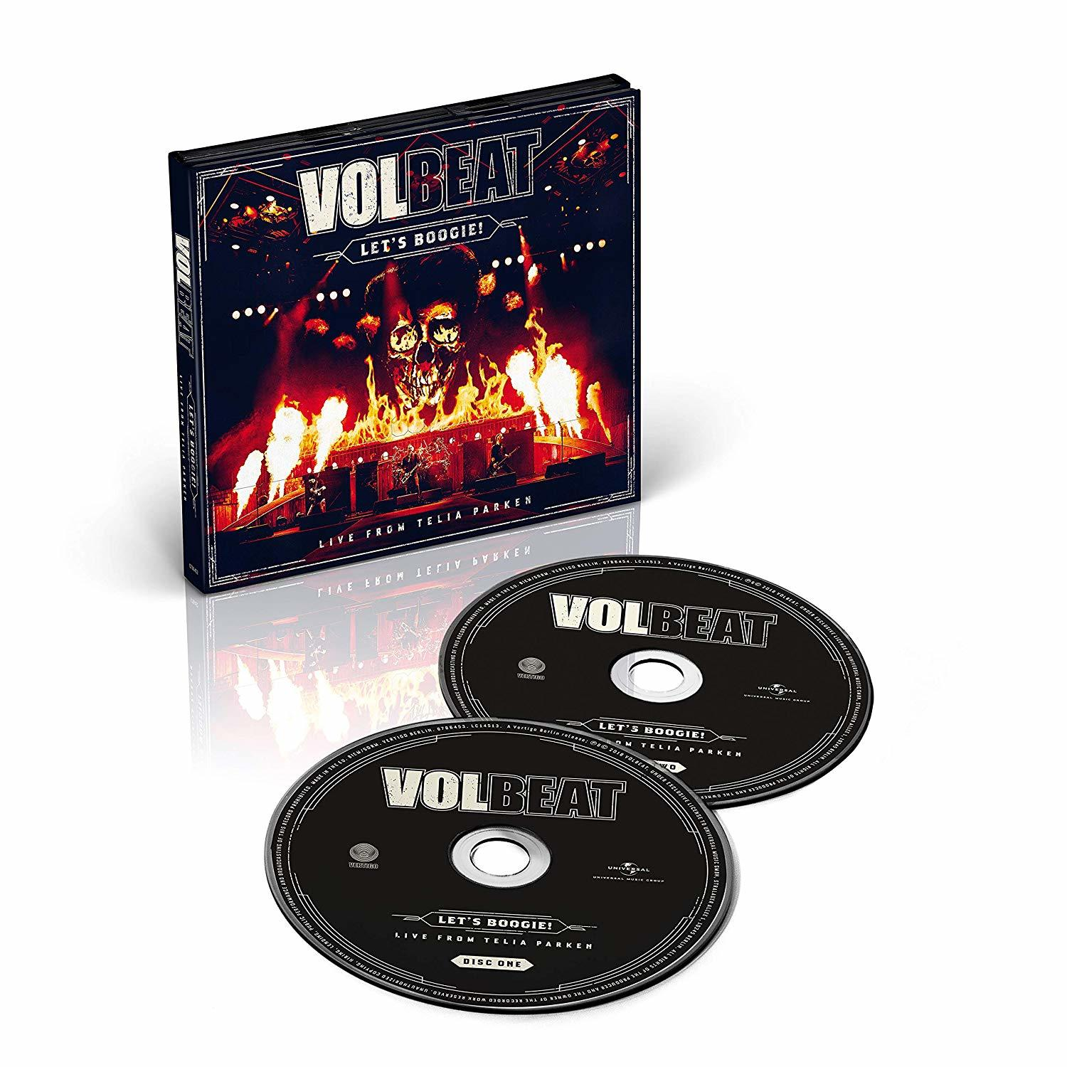 Volbeat 'Let's Boogie' DVD-Set mit zwei Discs. Das Cover zeigt einen brennenden Schädel im Konzert.