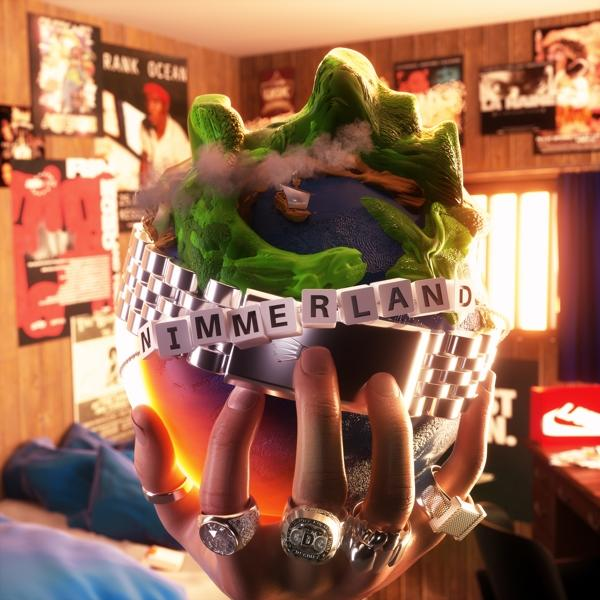 Eine Hand hält einen Globus mit einem Armband. Das Wort NIMMERLAND steht darauf. Poster und ein Bett sind im Hintergrund.