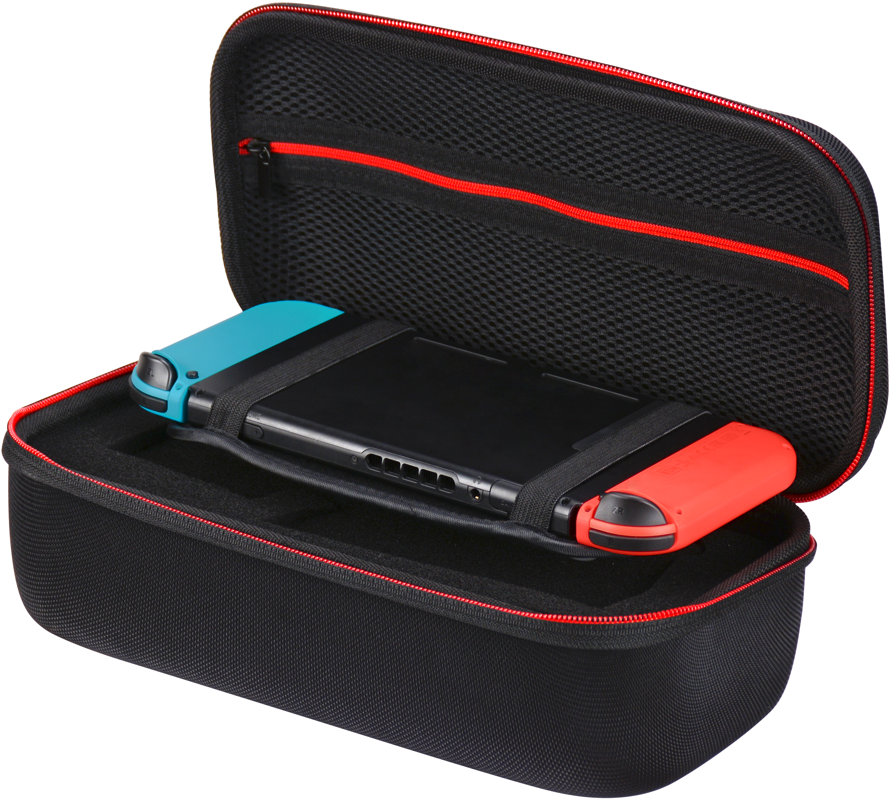 Schwarze Hülle mit rotem Reißverschluss, hält eine schwarze Nintendo Switch mit blauen und roten Controllern.