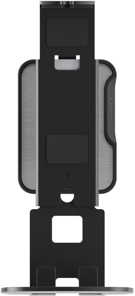 A black phone holder, with a metallic stripe and a square cutout for a phone.