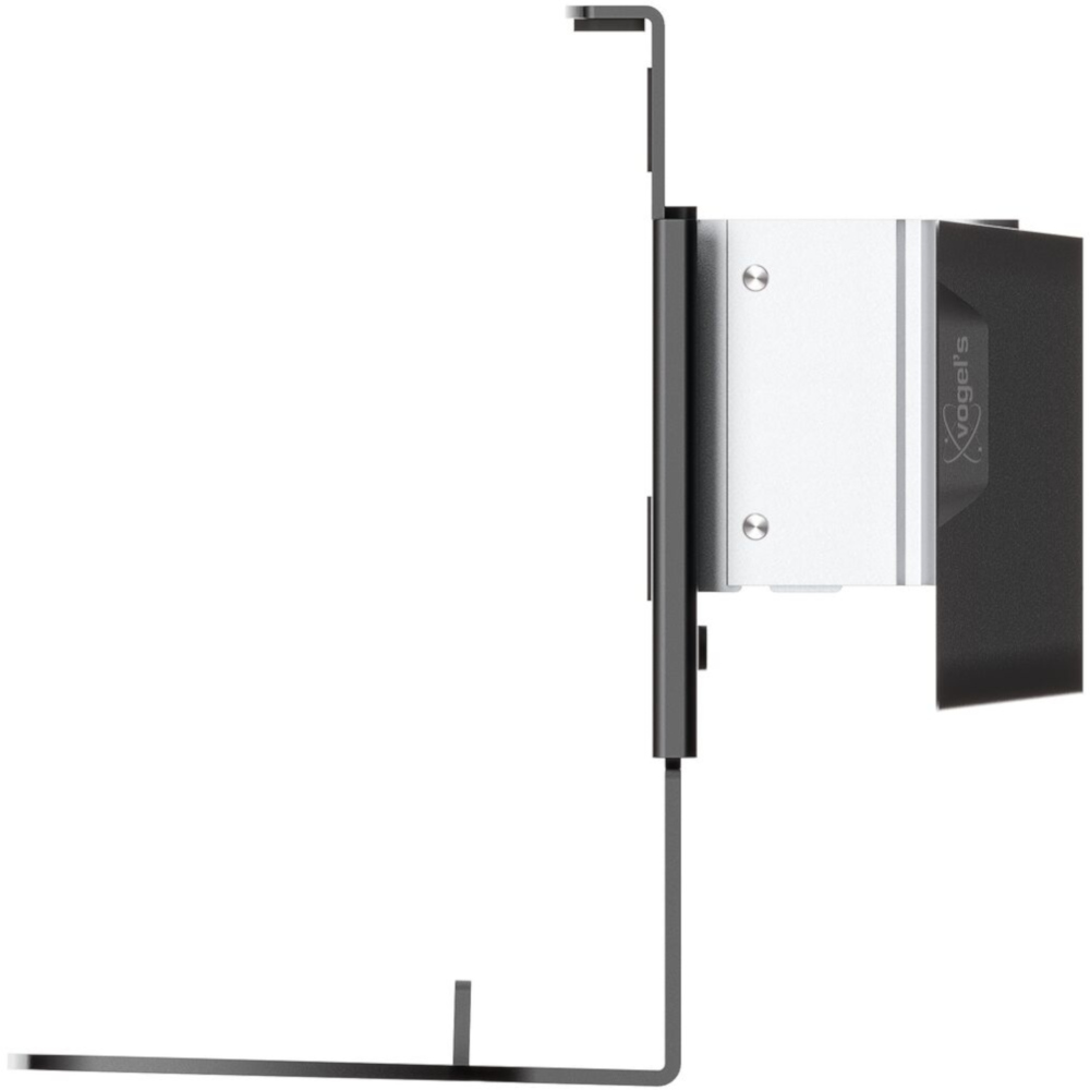 Metal bracket mounted on a white surface. It has a black arm extending to the left.