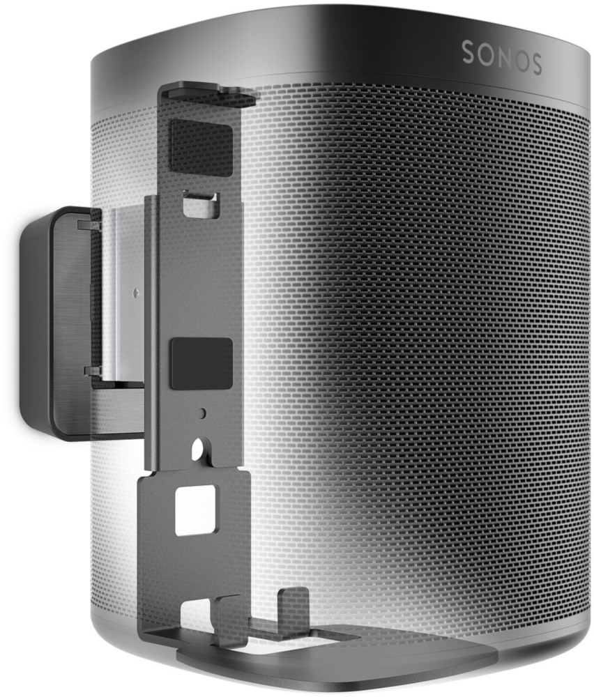 A black Sonos speaker and its wall mount, with a transparent bracket.