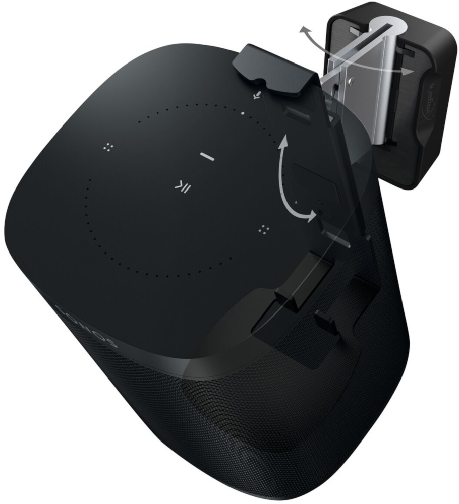 Black Sonos speaker with a wall mount, showing the speaker's design and mounting system.