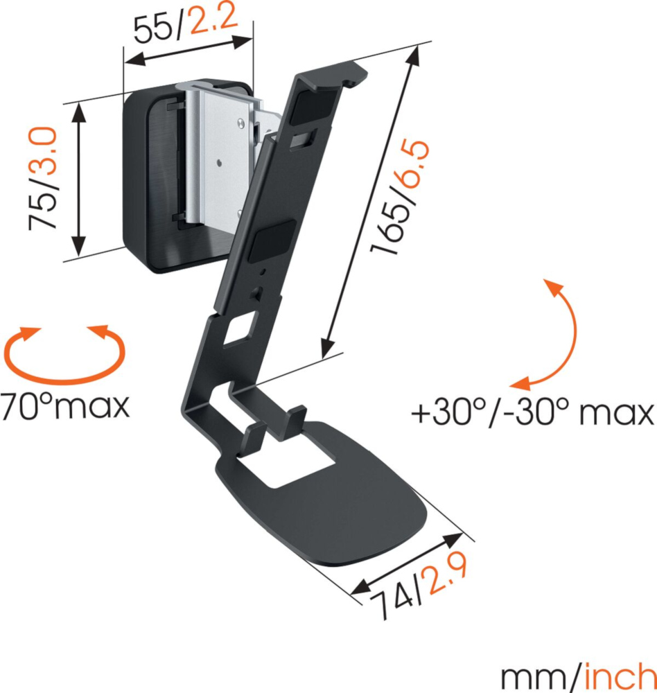 Black metal speaker mount with dimensions. Shows angles and measurements in mm/inch. 