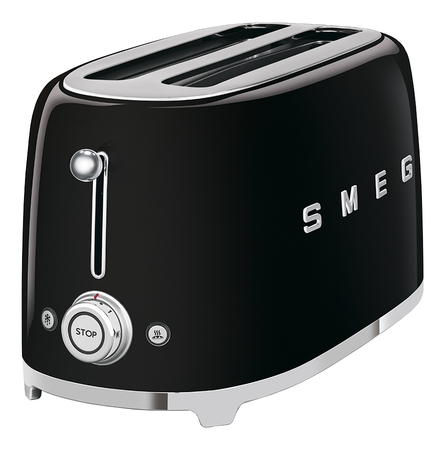 Grille-pain Smeg noir avec deux fentes. Poignée argentée, molette de commande et boutons. Le mot SMEG est visible.