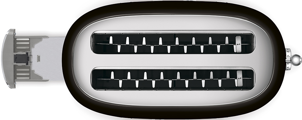 Vue aérienne d'un grille-pain noir et argenté avec deux fentes et des boutons de commande.