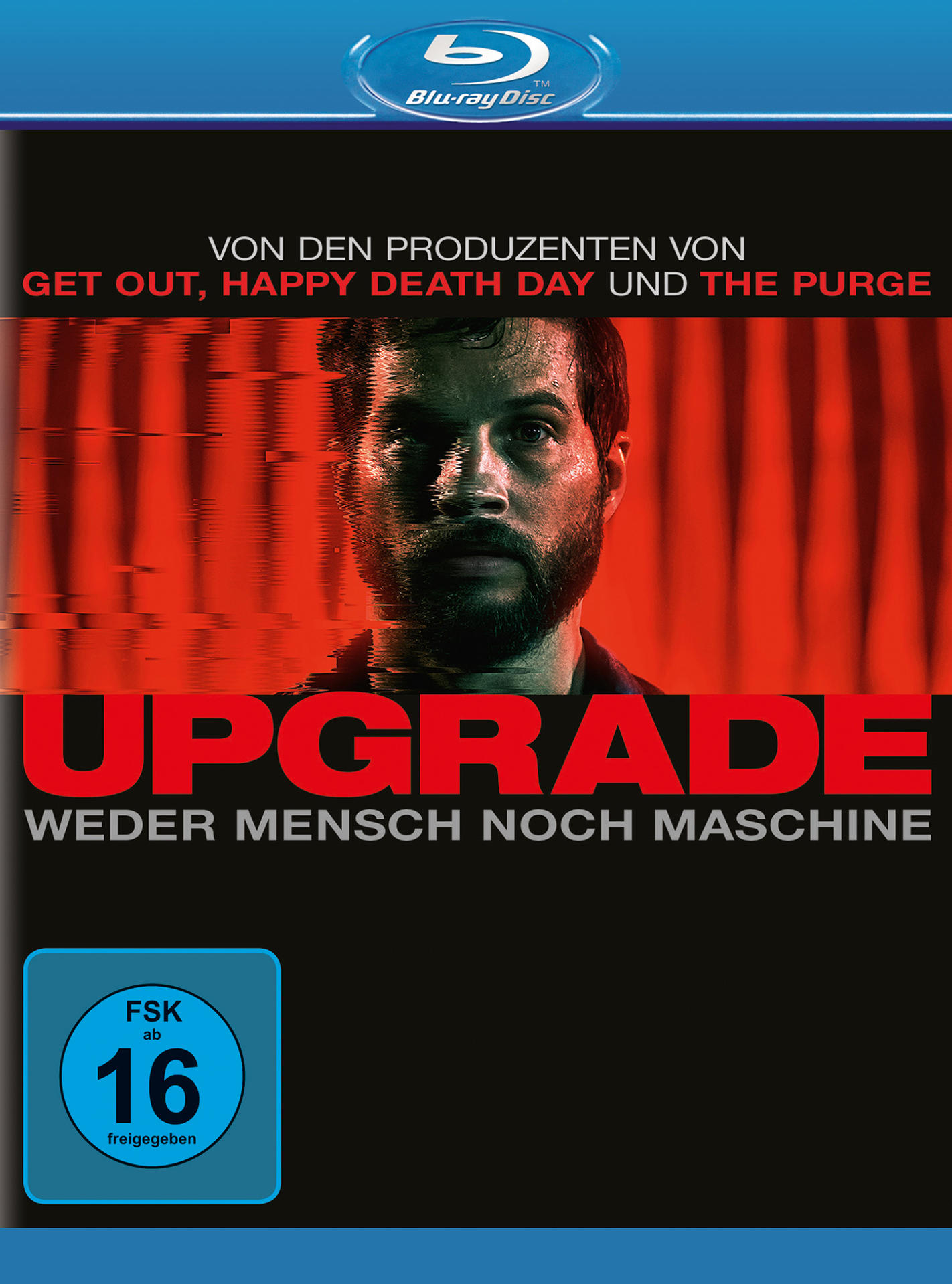 Filmcover: Ein Männergesicht mit roten Glitch-Linien, der Titel "UPGRADE" mit schwarzem Hintergrund.