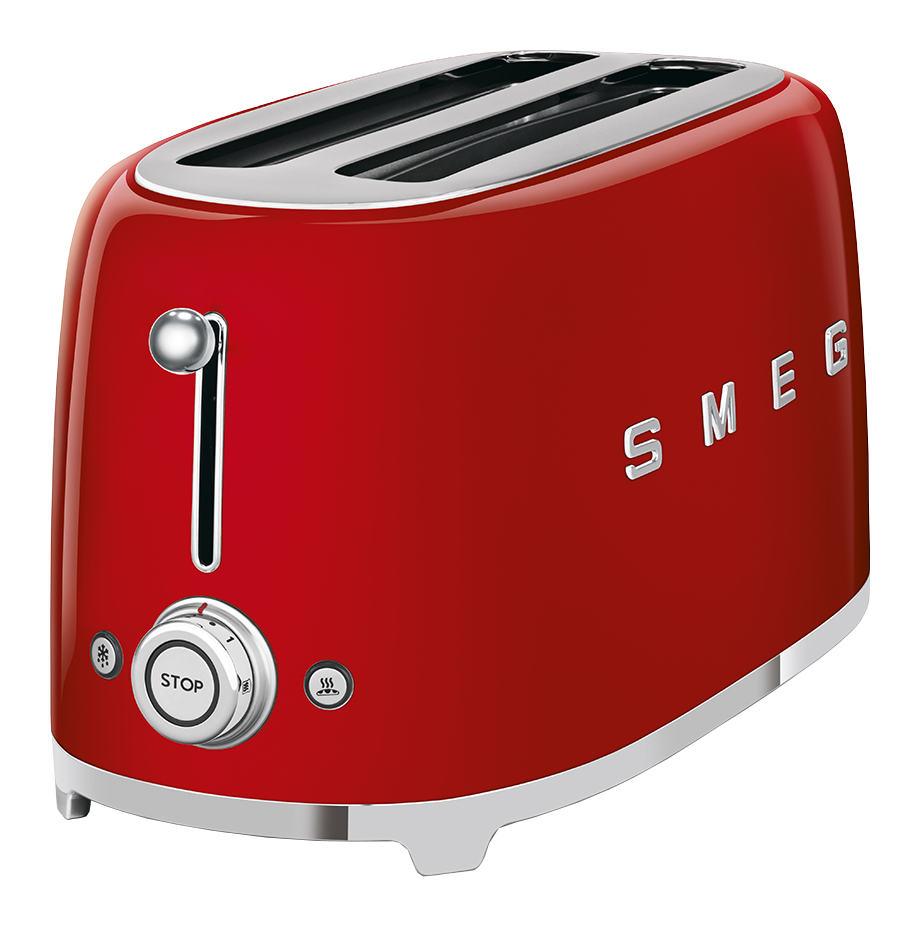 Grille-pain Smeg rouge, avec détails chromés, et le mot 'SMEG' écrit dessus.