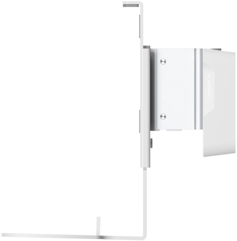 Support blanc pour fixer un téléviseur. Vue latérale. Fond blanc.