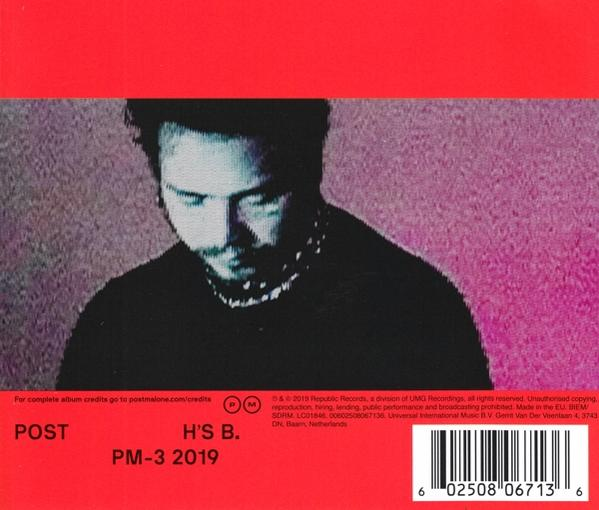 Albumcover: Post Malone im schwarzen Hemd. Roter oberer und unterer Bereich. Text: POST, H'S B, PM-3 2019. Barcode unten.