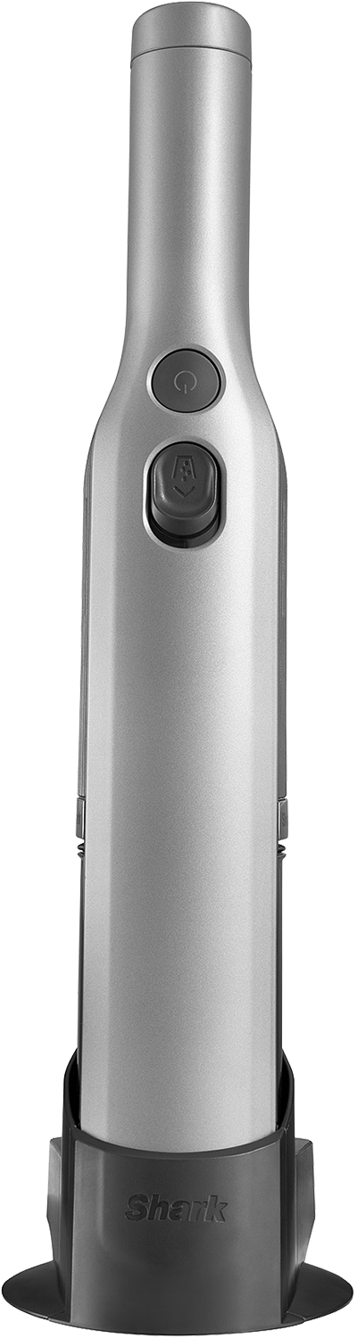 Silver handheld vacuum cleaner with two buttons and a base. "Shark" is printed at the base.