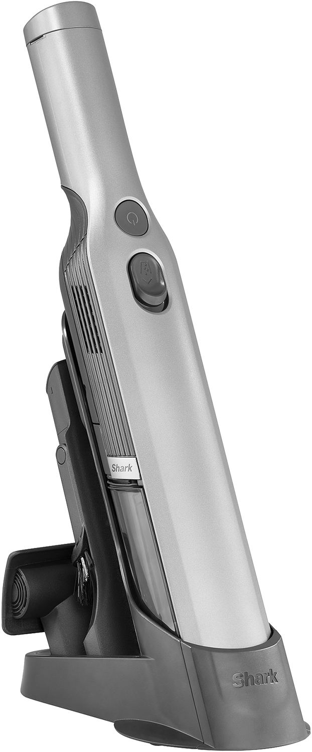 Silver vacuum cleaner on a white background.