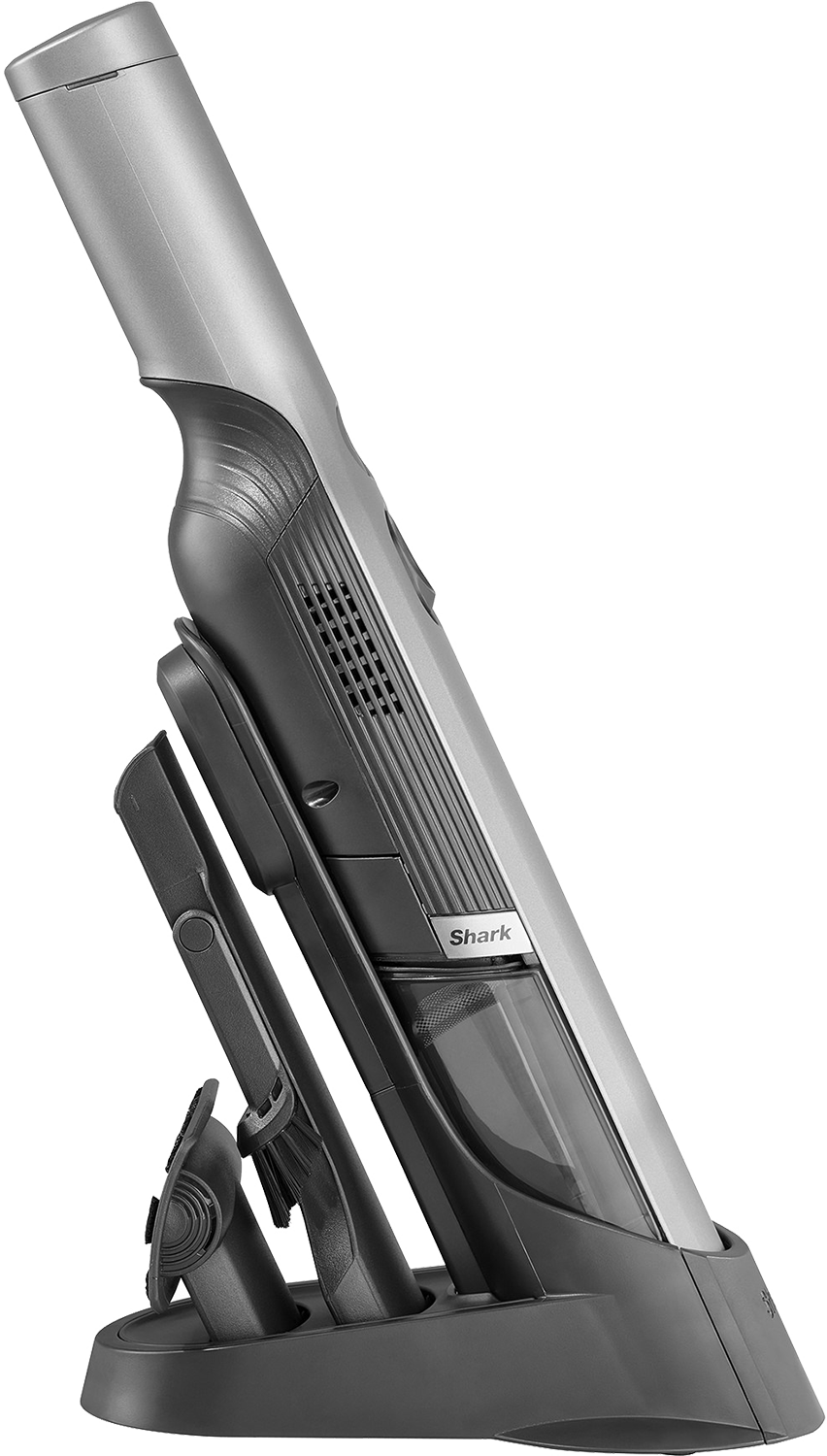 Shark cordless vacuum cleaner on charging base. Black and silver design.