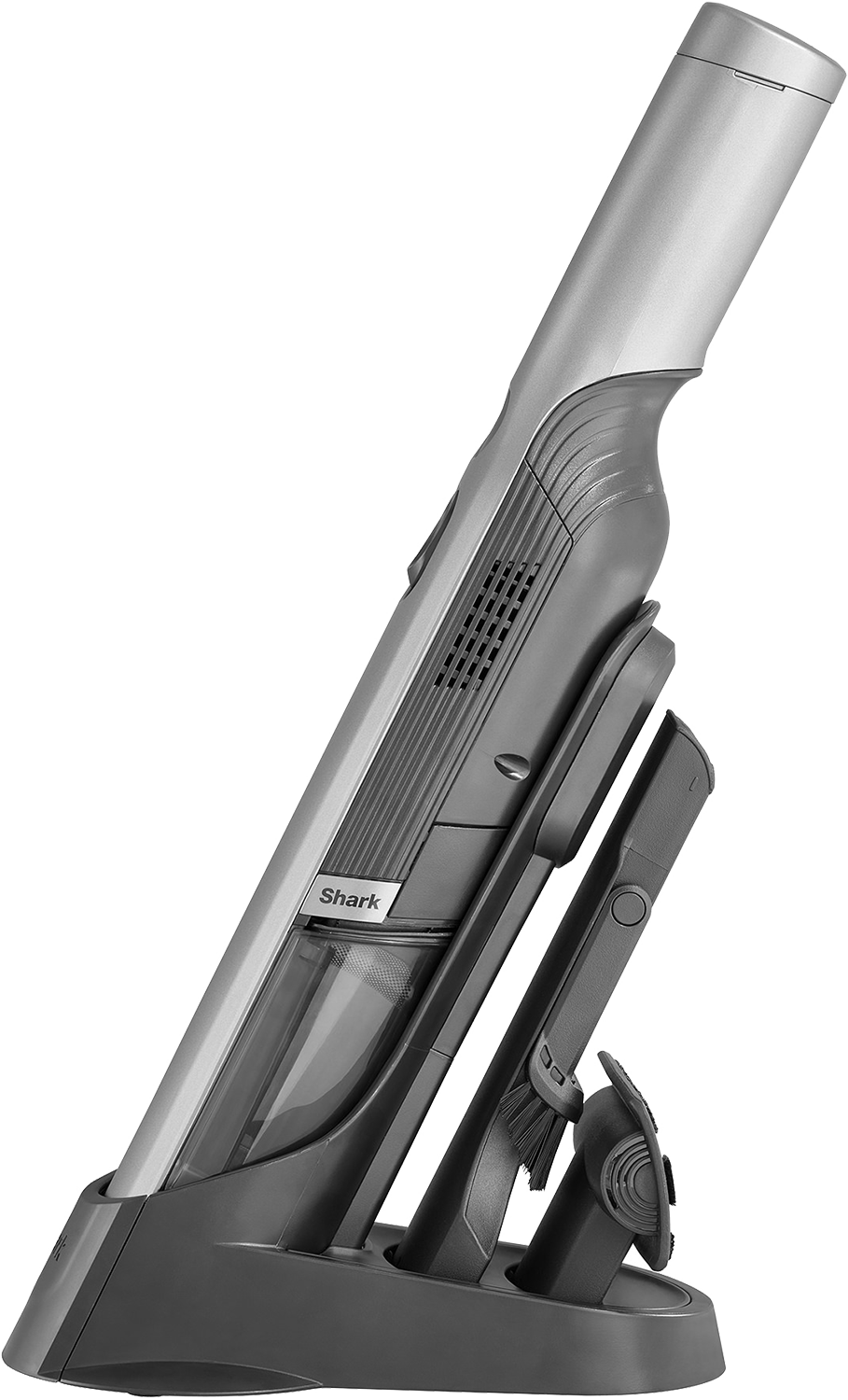 Handheld Shark vacuum cleaner, silver and gray, in a charging base. It has a brush attachment.