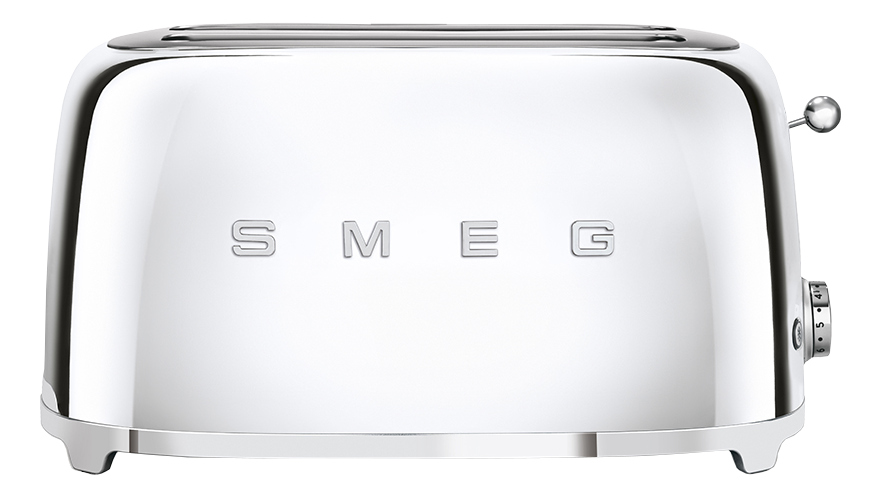 Grille-pain Smeg argenté. Vue de face. Surface brillante.