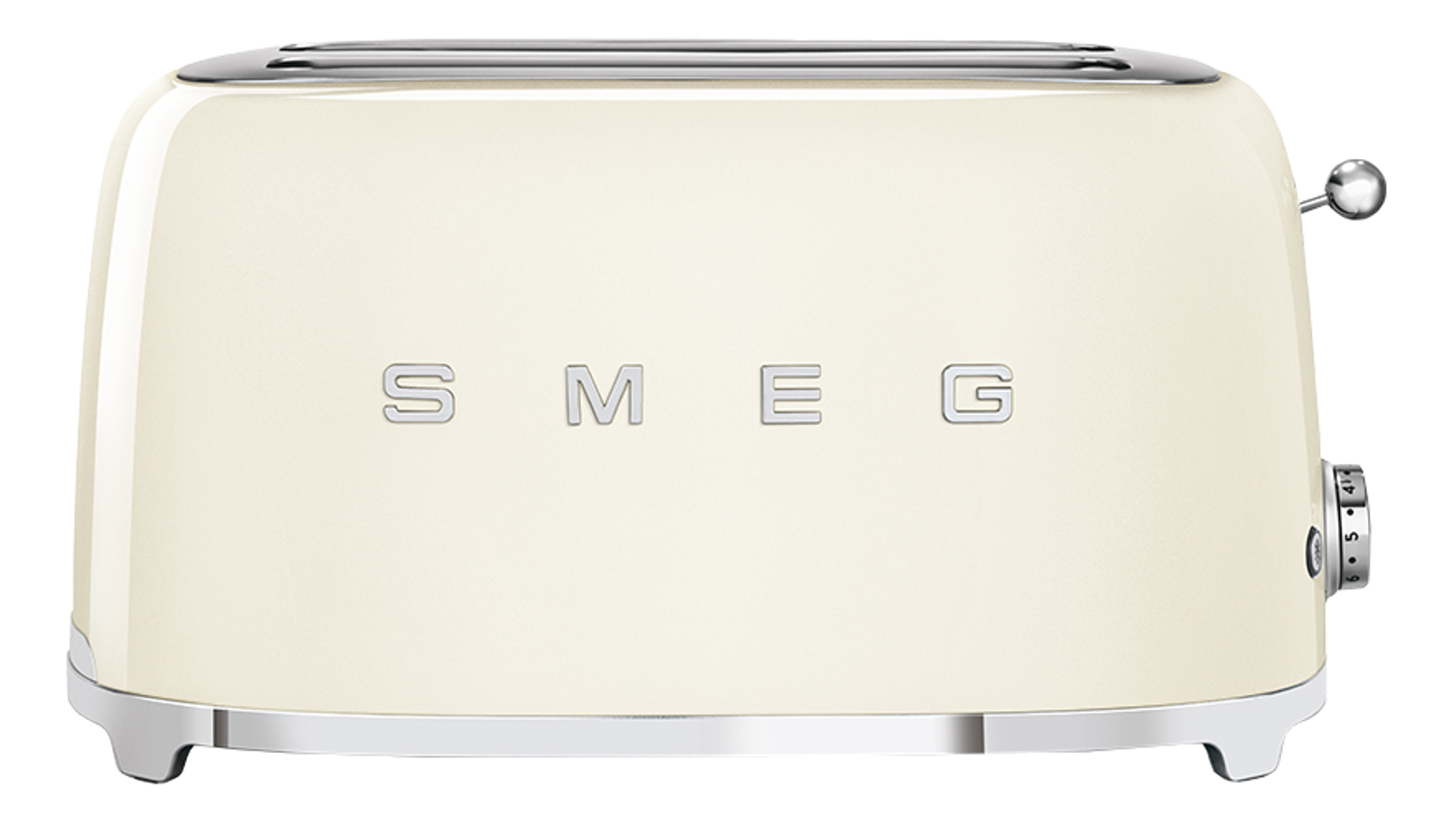 Grille-pain SMEG crème avec des détails chromés, affichant le nom de la marque.