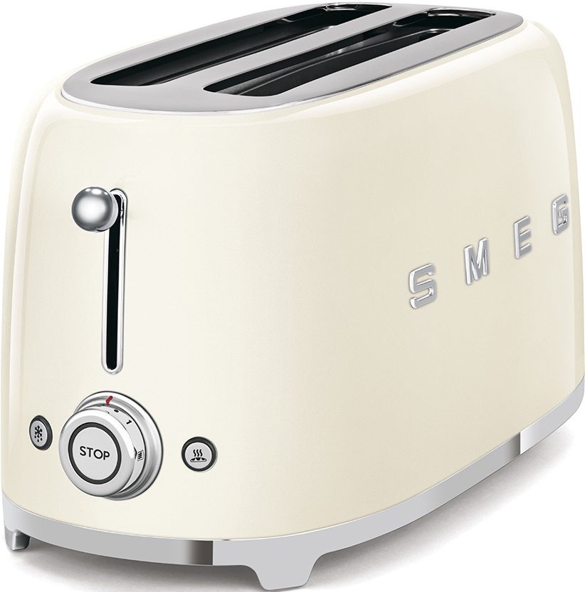 Grille-pain crème avec détails argentés, vue latérale, logo SMEG.