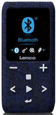 A blue denim MP3 player with a screen displaying a Bluetooth symbol and controls.