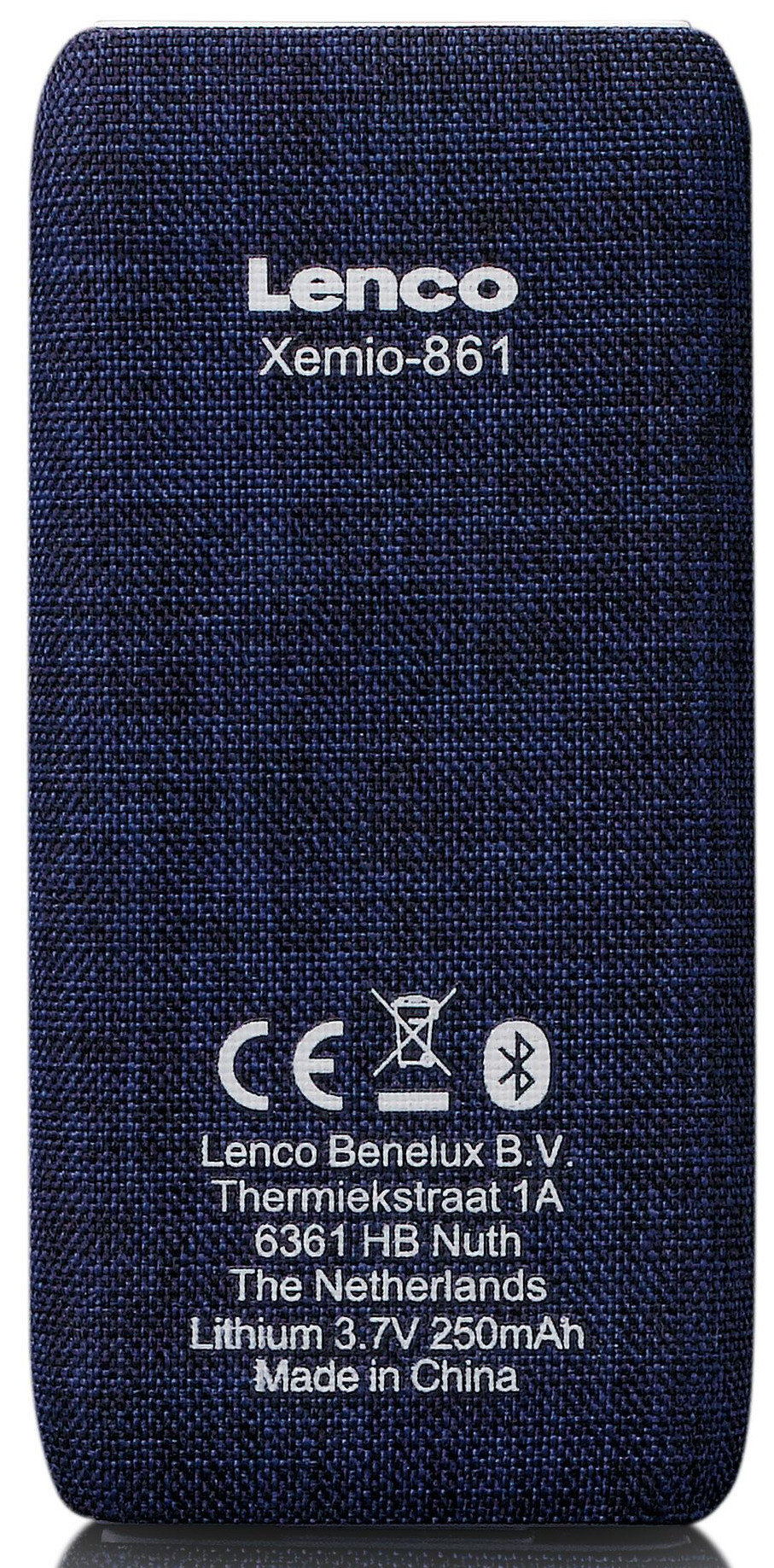 A small, navy blue rectangle with white text and logos. 