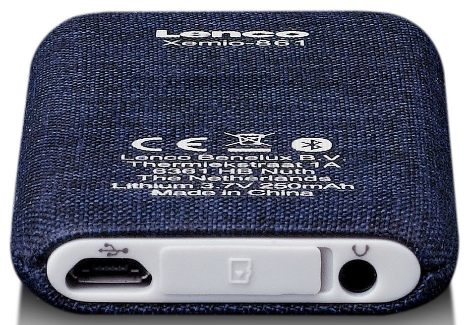 Dark blue fabric-covered Lenco Xemio-861, with ports and buttons, white background.