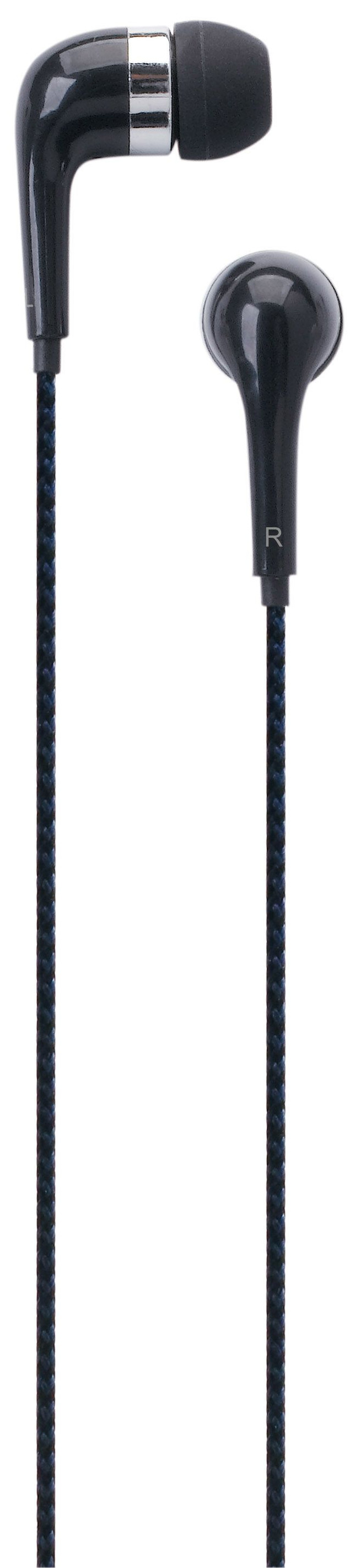 Black wired earphones with a blue braided cable. The right earphone is marked.