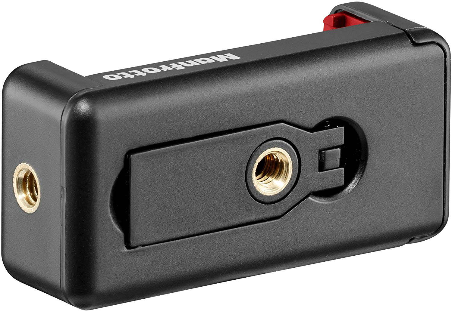 Schwarzer Manfrotto-Telefonhalter. Hat ein Schraubenloch und einen Schlitz zur Befestigung.