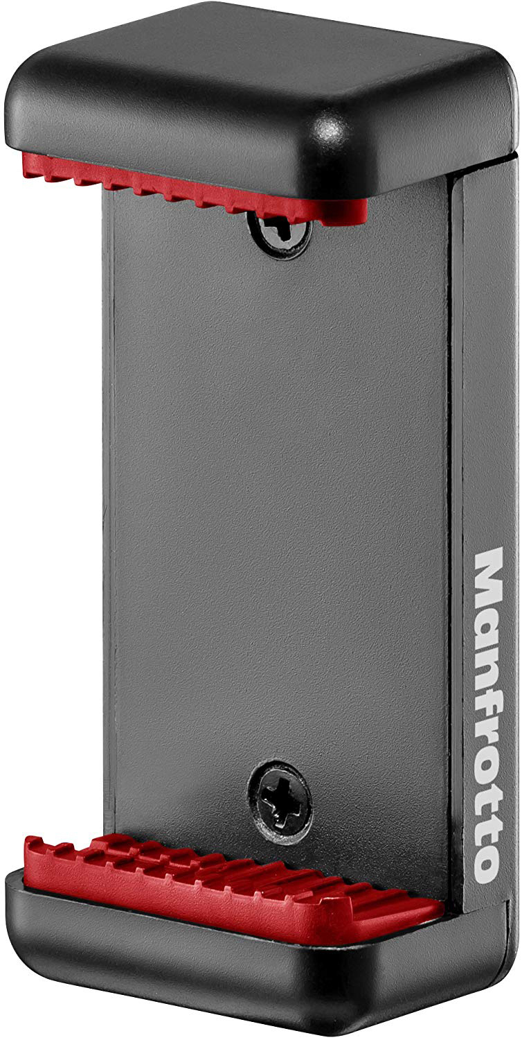 Schwarzer Telefonhalter mit roten Gummihaltern auf weißem Hintergrund, Manfrotto-Etikett sichtbar.