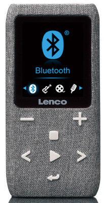 A grey Lenco Bluetooth music player with a black screen showing the Bluetooth logo.