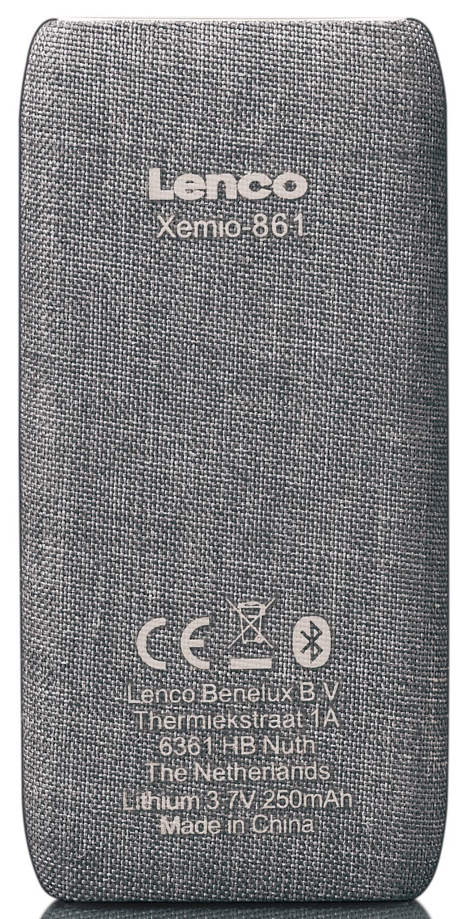 Back of a Lenco Xemio 861, gray textured, with the brand name, model, and other details, and logos.