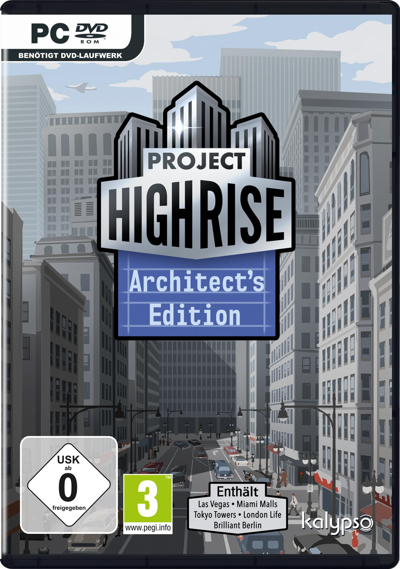 Videospiel-Cover: Eine Skyline mit dem Titel "PROJECT HIGHRISE" und einer Stadtlandschaft im Hintergrund.