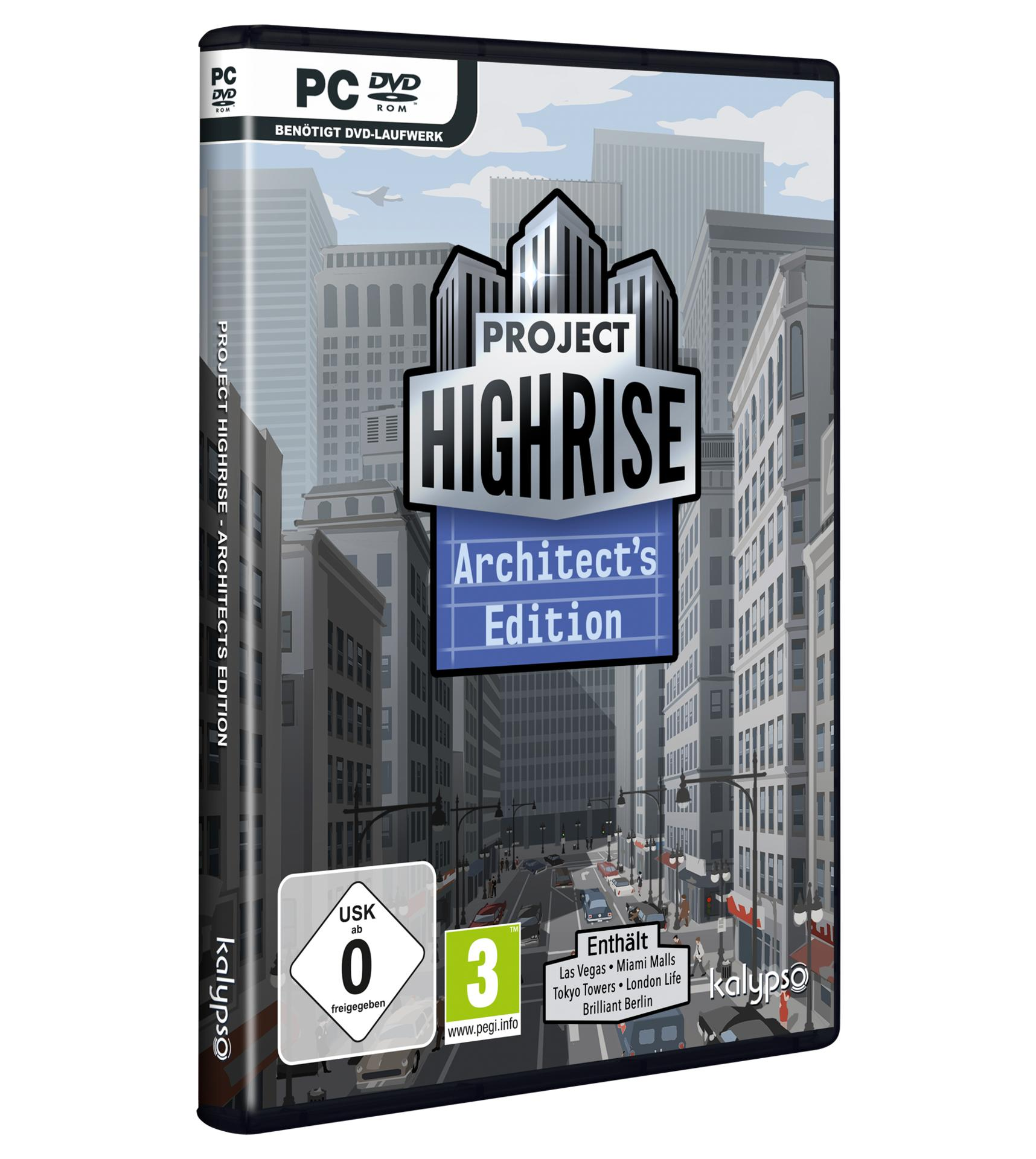 PC-Spiel-Cover: Project Highrise, Architect's Edition, mit einer Stadtillustration und Logos.
