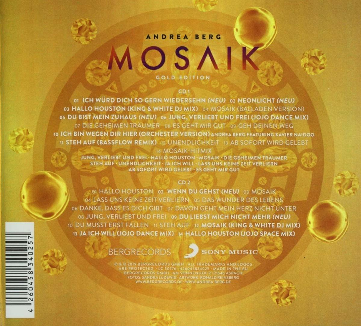 Albumcover mit Text und goldenem Hintergrund, verschiedene Formen.