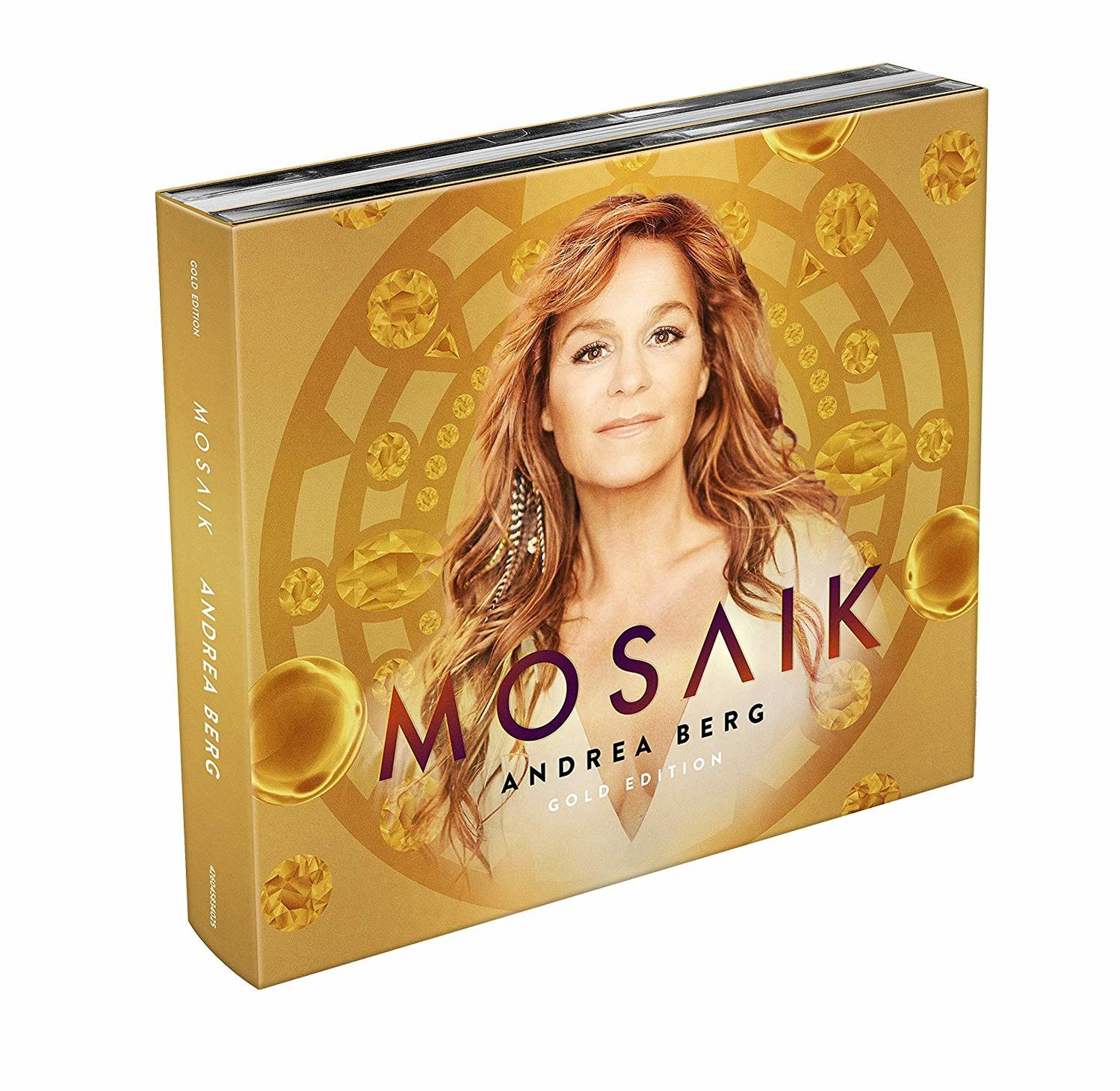 Albumcover von Andrea Berg, 'Mosaik Gold Edition'. Zeigt Berg mit Gold- und Diamantdesigns.
