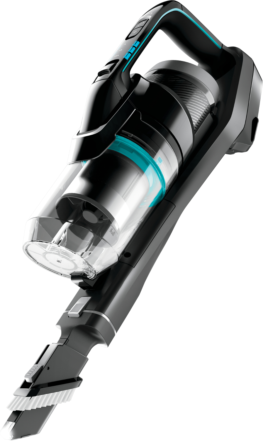 Un aspirateur sans fil noir et bleu, vue en angle, avec un réservoir à poussière transparent.