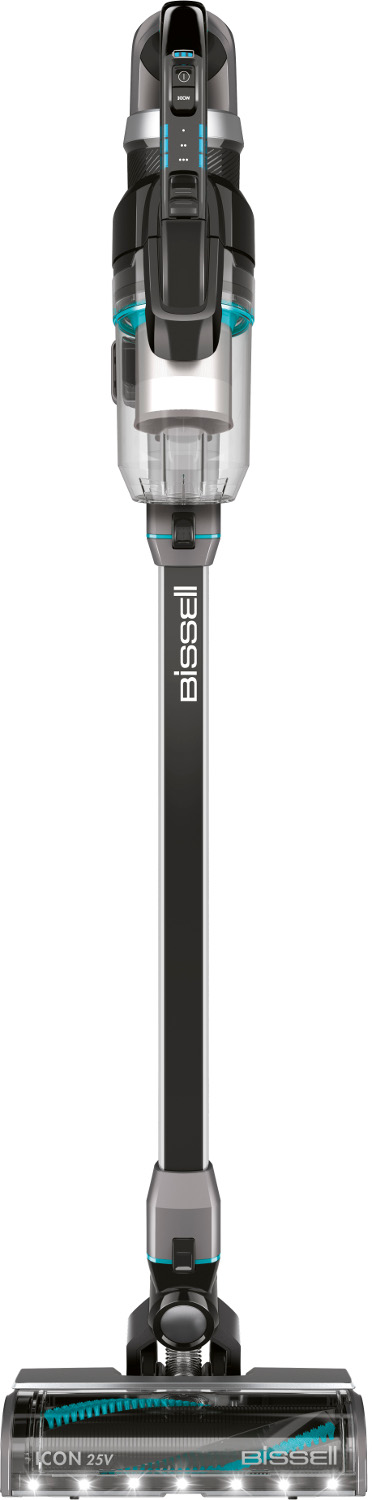 Aspirateur vertical sans fil noir et bleu avec une poignée et une tête de brosse.