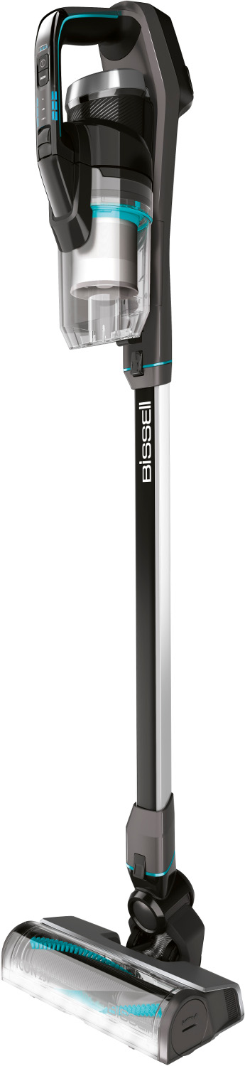Un aspirateur sans fil Bissell noir et sarcelle, droit, avec un bac à poussière transparent.