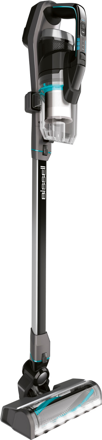 Aspirateur vertical avec un long tube argenté, une poignée noire et des accents bleus.