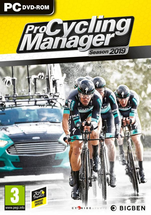 Pro Cycling Manager 2019 game box. Cyclists racing on a wet road. Car following them.