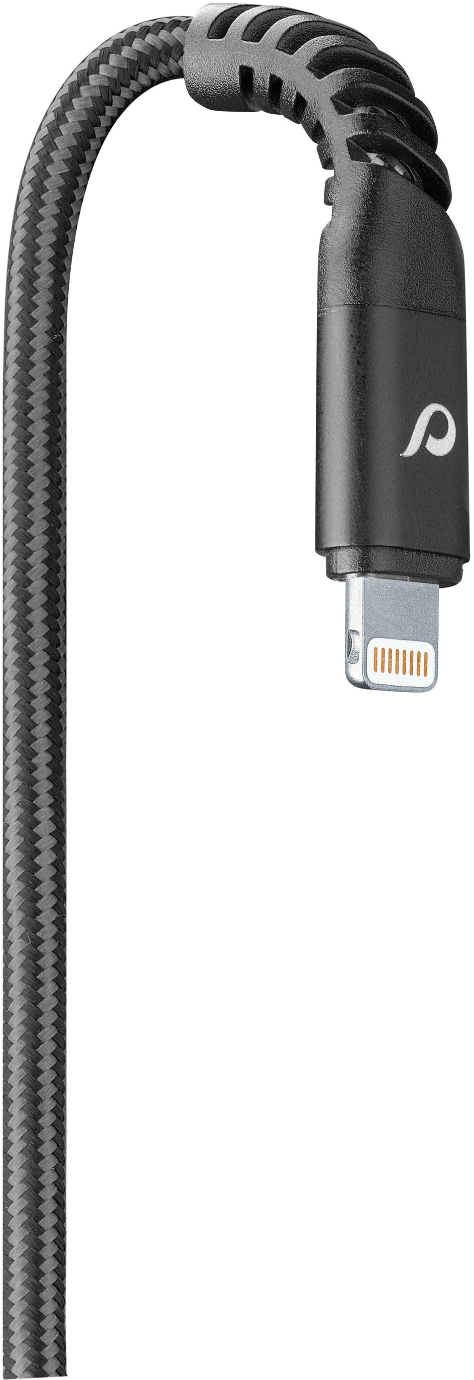Un cavo di ricarica intrecciato nero e grigio con un connettore Lightning.