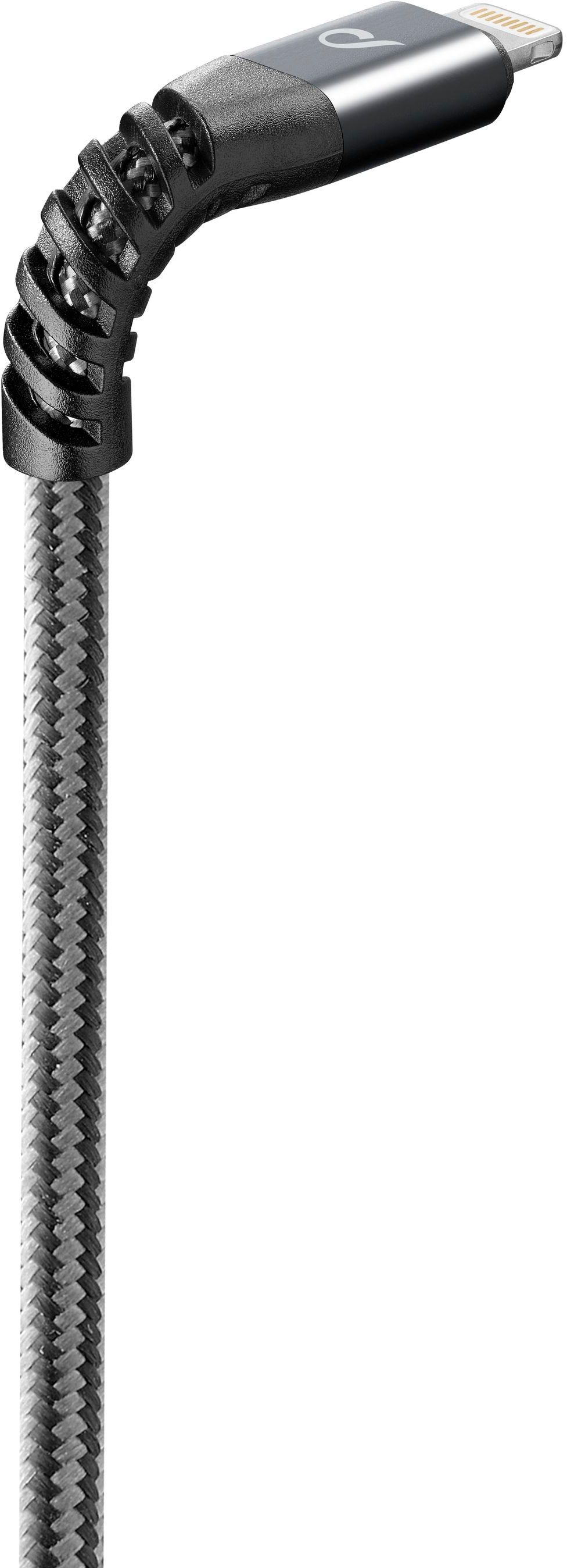 Cavo di ricarica nero e grigio con connettore Lightning e cavo intrecciato.