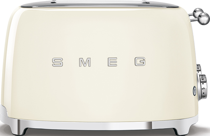 Grille-pain Smeg crème avec détails chromés et le mot SMEG. Boutons et leviers sur le côté.