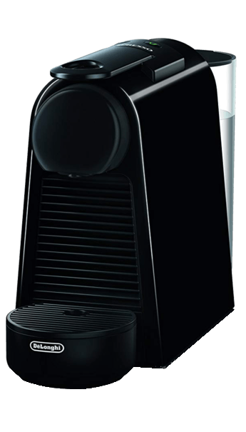 Fekete DeLonghi eszpresszó gép. Van egy víztartálya és egy csészetartója.