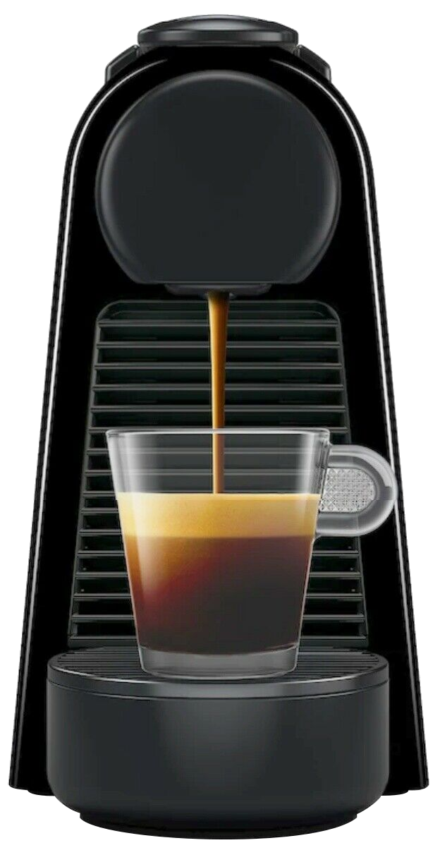 Egy fekete Nespresso kávéfőző kávét adagol egy üvegpohárba füllel.